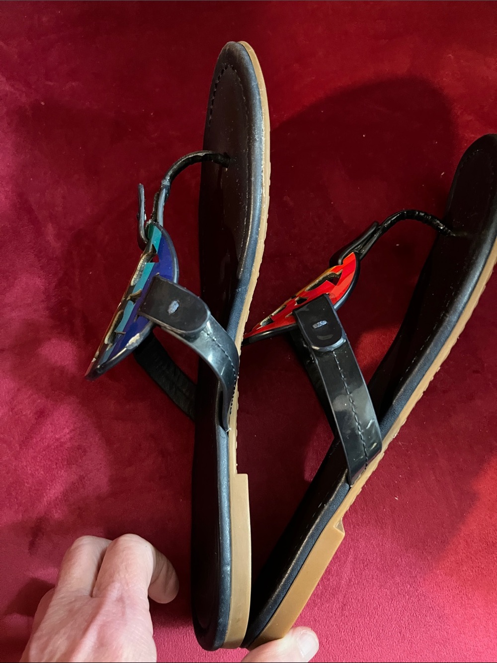 Tory Burch Black Sandals with Rainbow Logo Accents - Picture 3 of 6